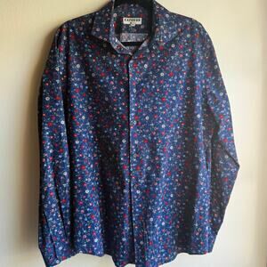 Express Fitted Men's Button-Up Shirt L 16-16½ Navy Blue Red Floral Long Sleeve
